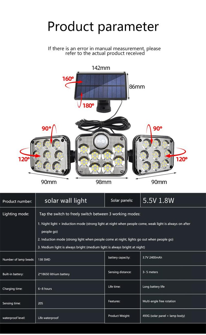 138 Solar LED Light Outdoor Motion Sensor Wall Lamp Remote Control Waterproof for Corridors Gates Roofs Courtyards Lighting