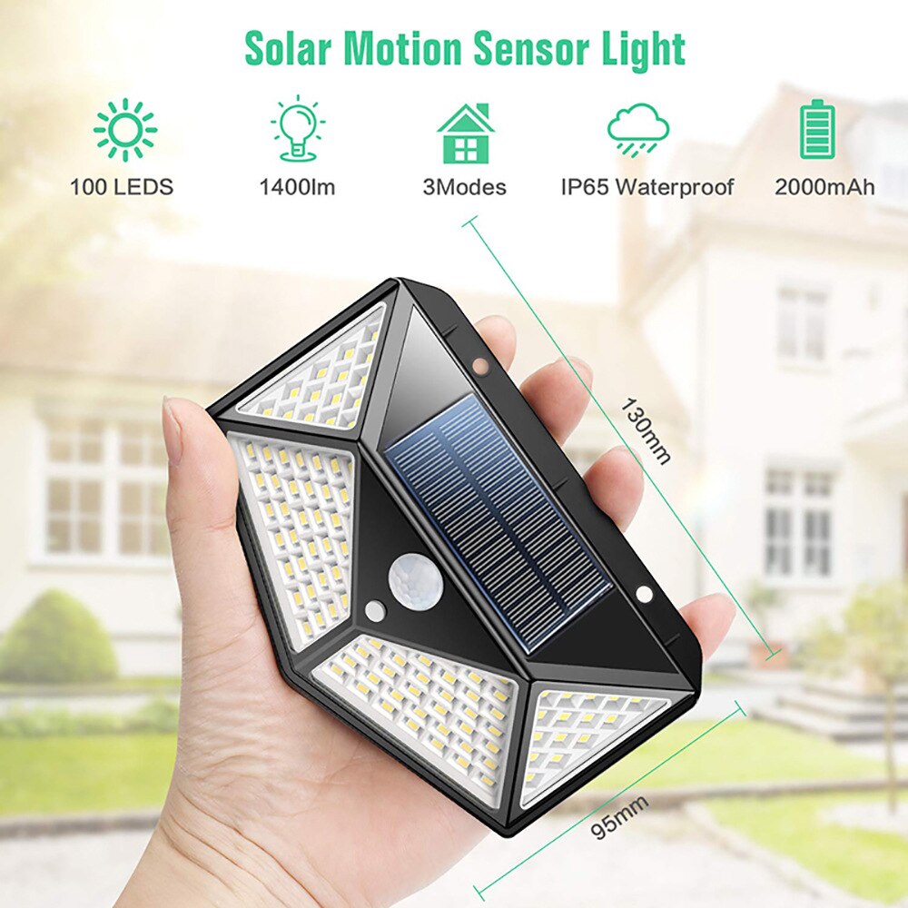 100 LED Solar Light Outdoor 3 Modes Motion Sensor Wall Lamp Powered Sunlight Waterproof for Home Patio Street Yard Garden Decor