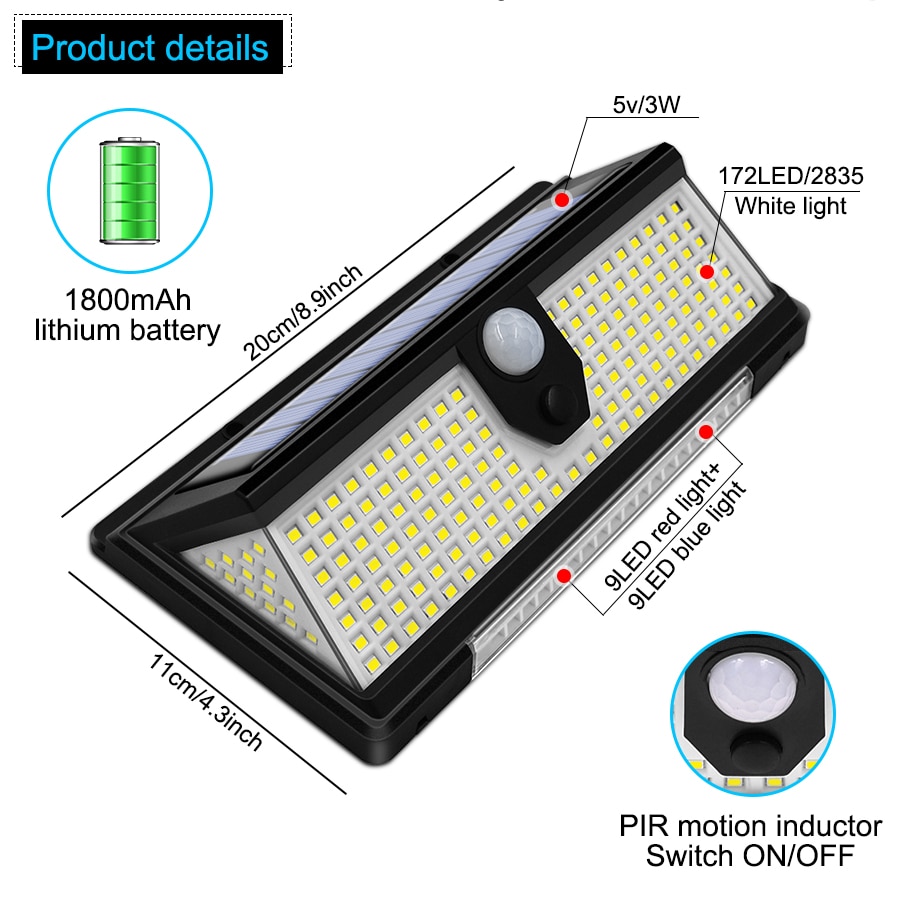 172 Led Outdoor Solar Powered Lamp IP65 1800Mah Waterproof For Home Yard Swim Pool Motion Human Body Spotlight Floodlight