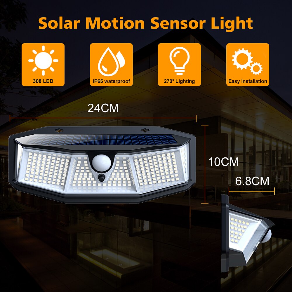 308 LED Outdoor Solar Light Wall Lamp with Motion Sensor Light 3 Modes Street Lamp Spotlight for Garage Yard Garden Decoration