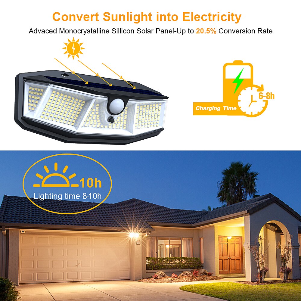 308 LED Outdoor Solar Light Wall Lamp with Motion Sensor Light 3 Modes Street Lamp Spotlight for Garage Yard Garden Decoration