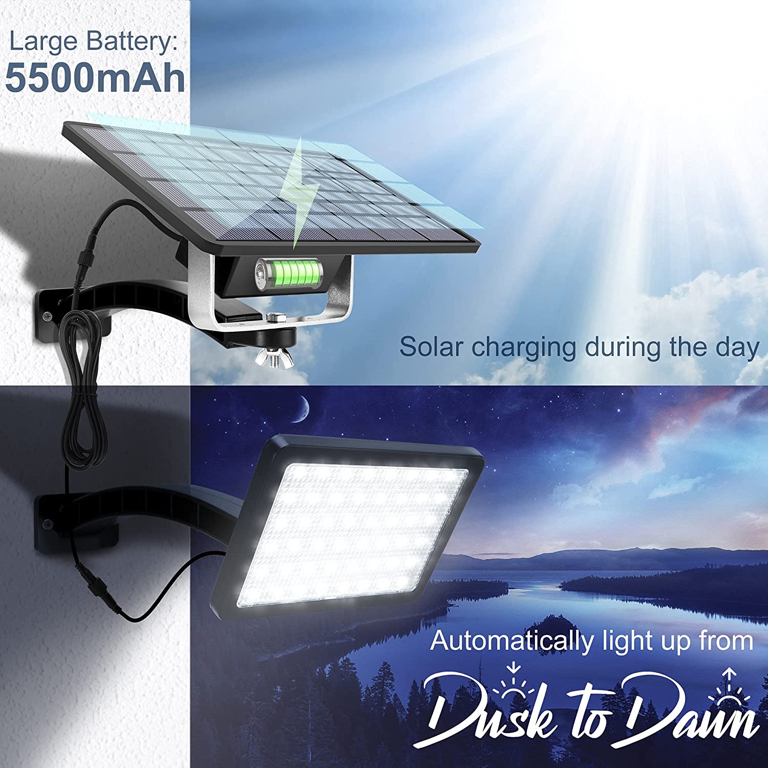 48 LED Solar Lights Outdoor Bright Solar Powered Porch Lights 5500mAh Battery Wall Mount Auto Dusk Security Lighting for Garden