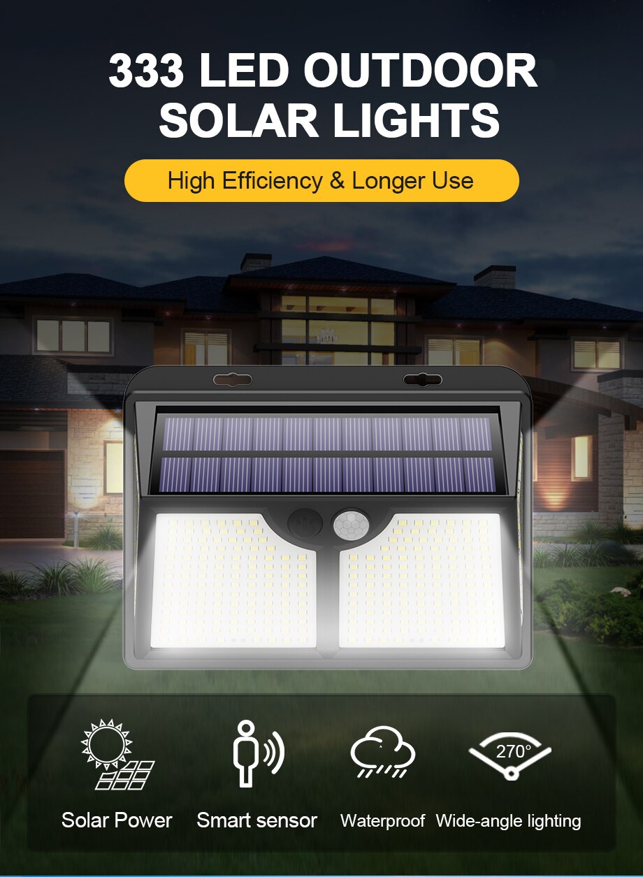 333LED Solar Light Outdoor 4Modes Motion Sensor Light Solar Lamp Powered Sunlight Waterproof for Garden Patio Luces Solares