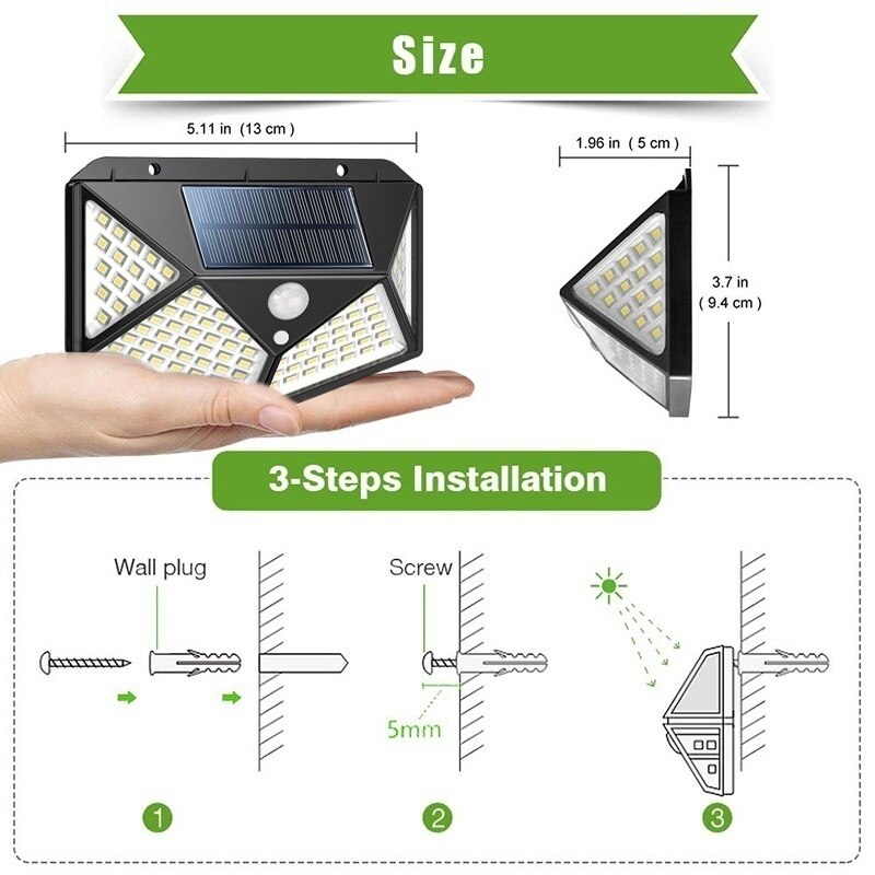 100LED Solar Waterproof Motion Sensor Security Outdoor Light Wall Light 270 Degrees Wide Angle of 3 Modes Suitable for Garden