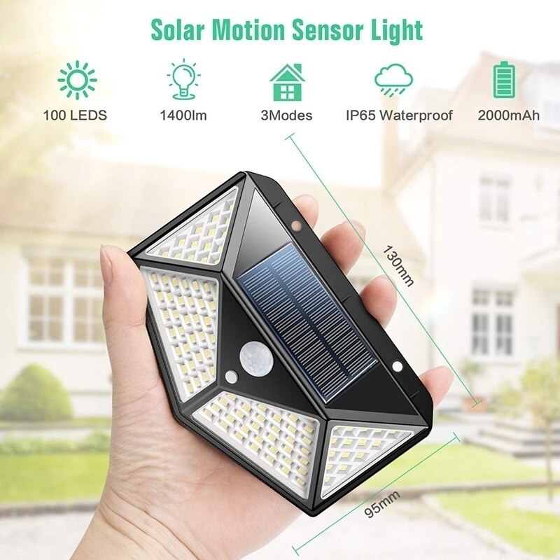 100LED Solar Waterproof Motion Sensor Security Outdoor Light Wall Light 270 Degrees Wide Angle of 3 Modes Suitable for Garden