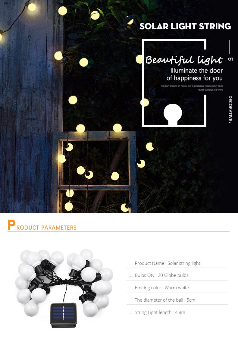 Solar Globe Outdoor String Lights LED Bulbs Waterproof Yard Hanging Indoor Outdoor Decoration for Patio Garden Party Wedding