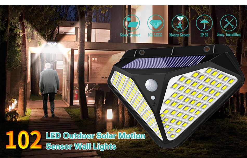 Solar Lights Outdoor 102 LED Solar Motion Sensor Security Lights 270 Wide Angle Solar Garden Wall Lights Wireless Waterproof