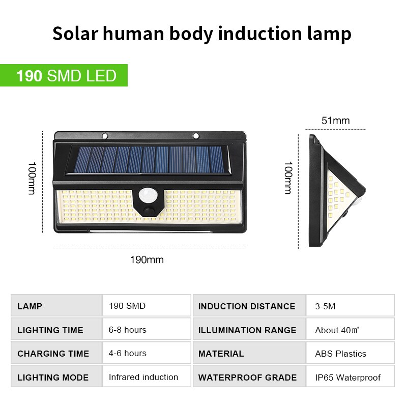 190 LED Solar Lights Outdoor Solar Lamp with PIR Motion Sensor Alert Flashing Waterproof Warning Light for Courtyard Garden Yard