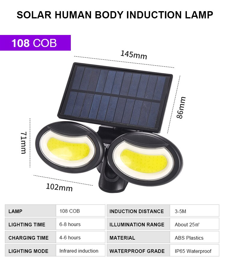 Solar Lights Outdoor 3 Optional Modes Motion Sensor COB Light Double Head Rotating with 270 Wide Angle Waterproof Security Light