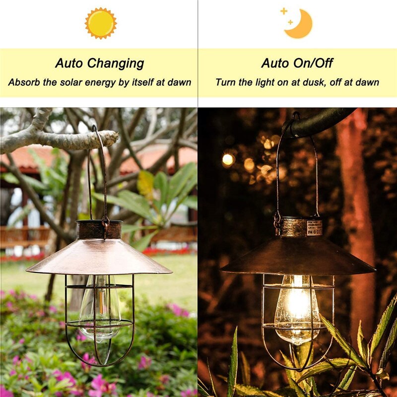 Retro Solar Lantern Outdoor Hanging Solar Light Vintage Solar Lamp with Warm White Bulb for Garden Yard Patio Xmas Party Decor