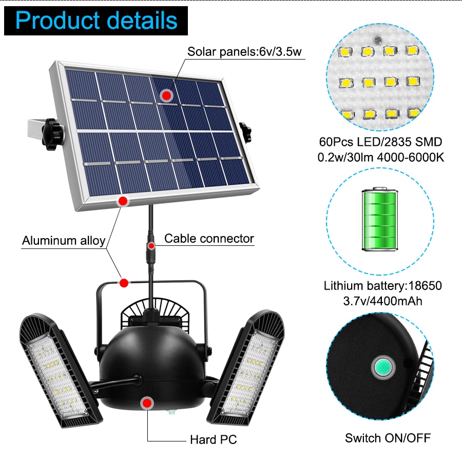 60 led Solar Light 3 Lamp Head Adjustable Lightness With Remote Control 2/4/6 Timer Outdoor Waterproof Solar Garden Lamps