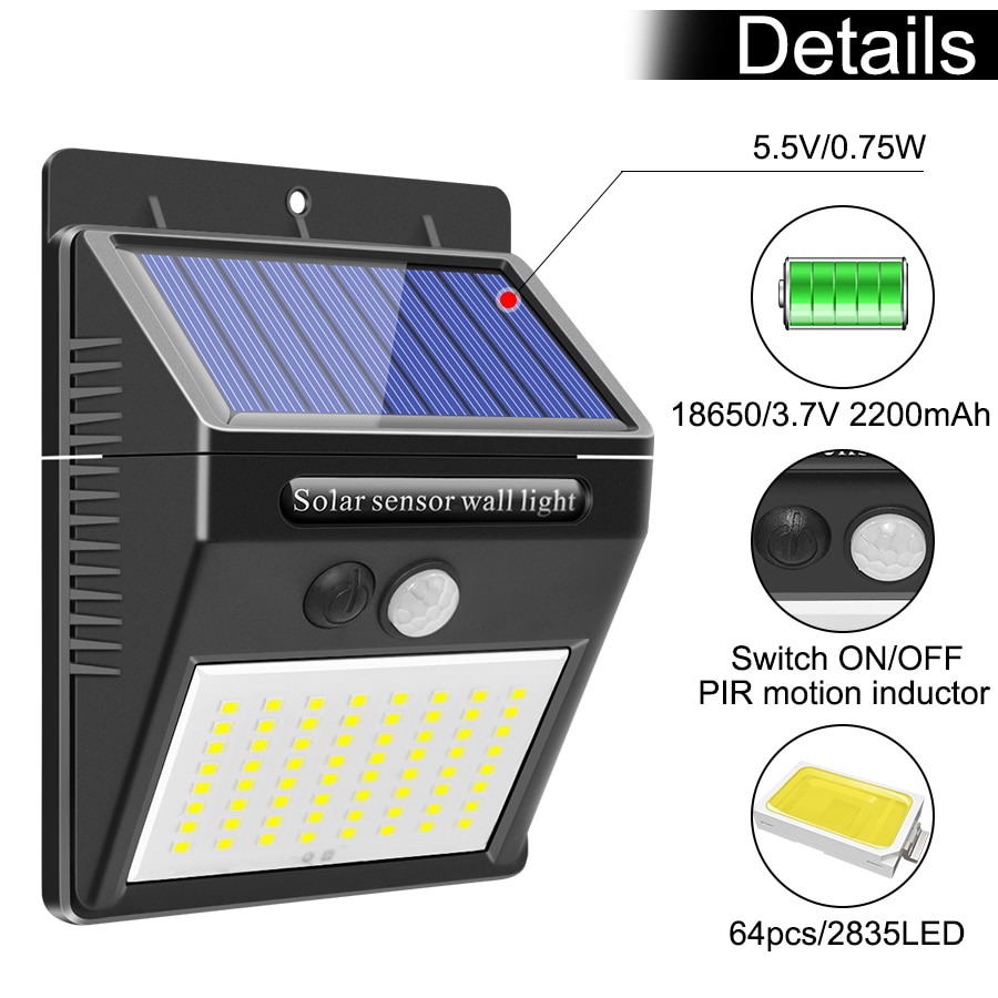 Separable Solar Lights 64 LEDs PIR Motion Sensor With Dim Light 2.5m Line Outdoor Waterproof Garden Wall Yard Lamp