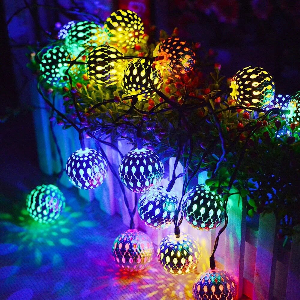 5M-7M Fairy Lights Garden Decoration Hollow Out Metal Ball String Lights Solar Led Light Outdoor Street Garland Christmas Lights