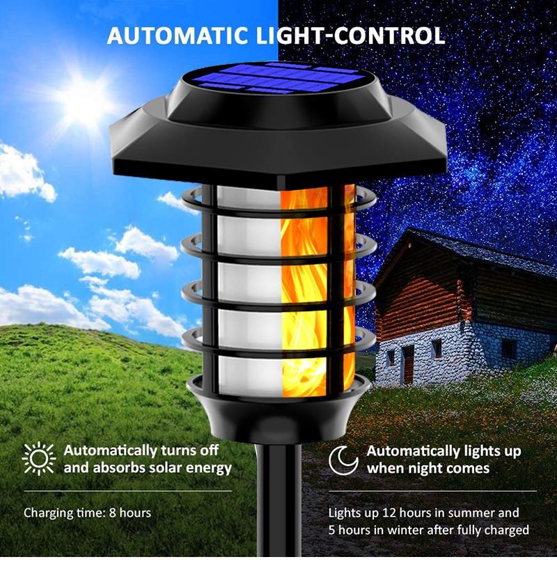 2 IN 1 LED Solar Flame Torch Lamp Outdoor Solar Garden Light Flame/White Light Waterproof Lamp Courtyard Path Lawn Spotlight