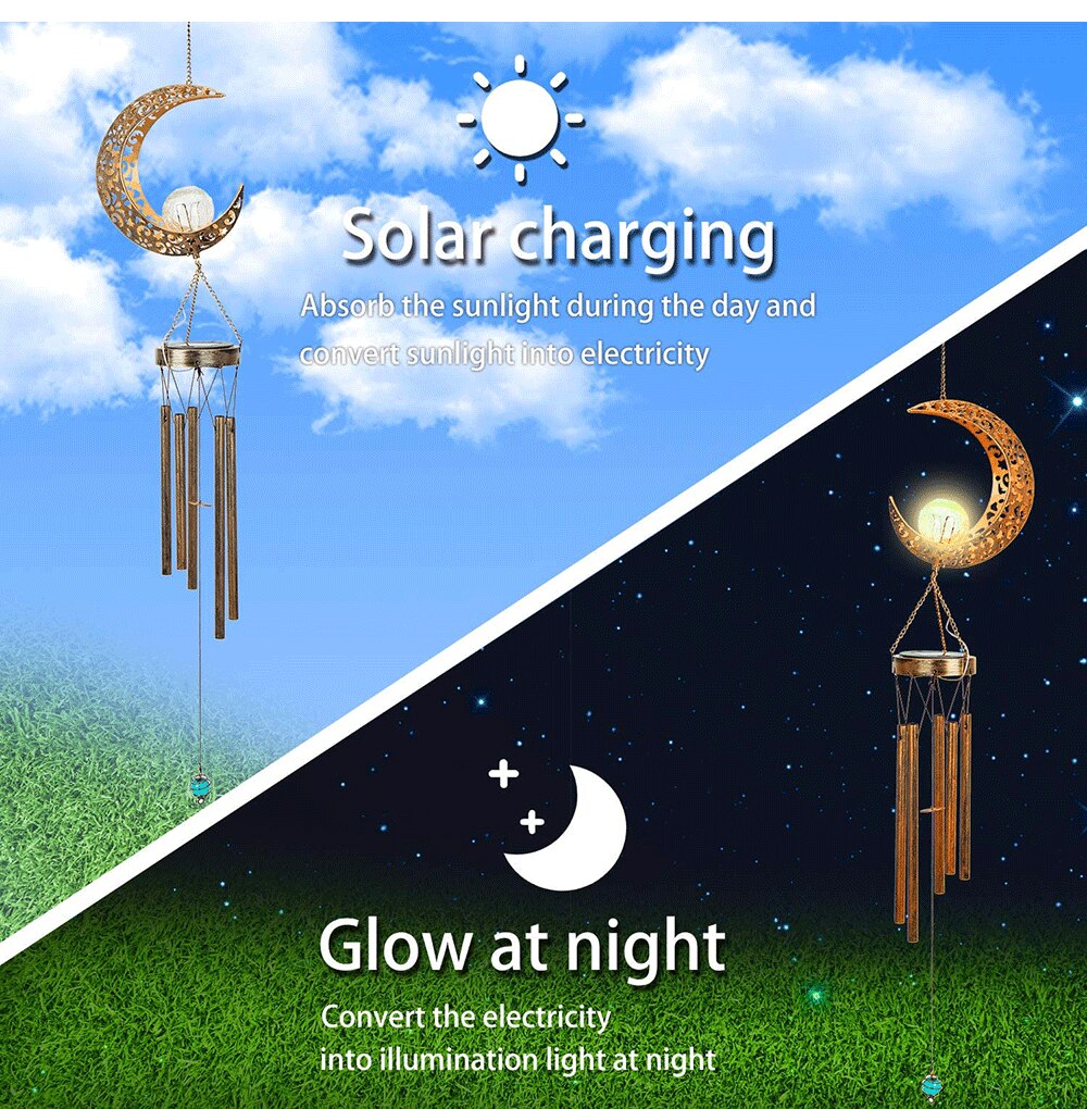 Wrought Lron Hollow Outdoor Solar Moon Wind Chime LED Light Waterproof Landscape Decorations Wind Chimes Light For Garden