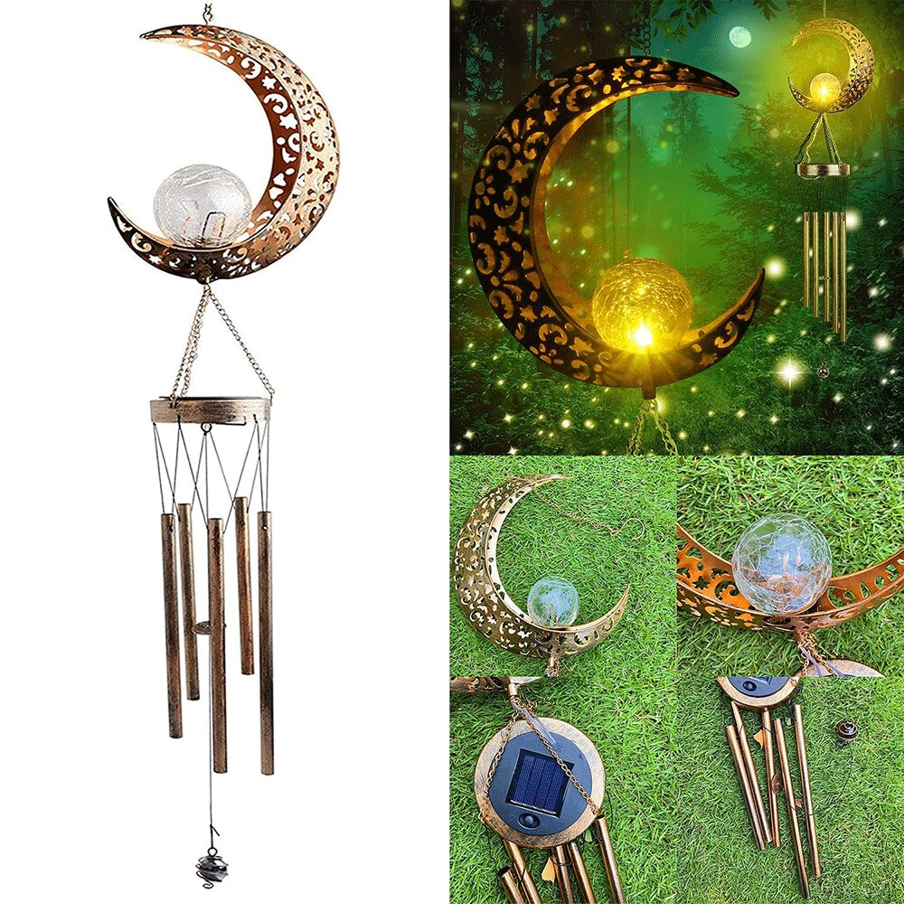 Wrought Lron Hollow Outdoor Solar Moon Wind Chime LED Light Waterproof Landscape Decorations Wind Chimes Light For Garden