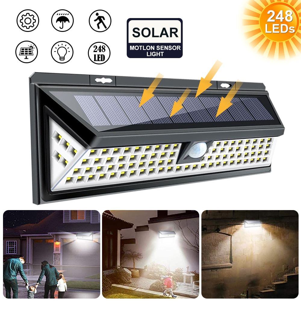 248 LED Solar Powered Outdoor Lamp 3 Modes Motion Sensor Security Lights Remote Control Waterproof Outdoor Wall Light for Garden