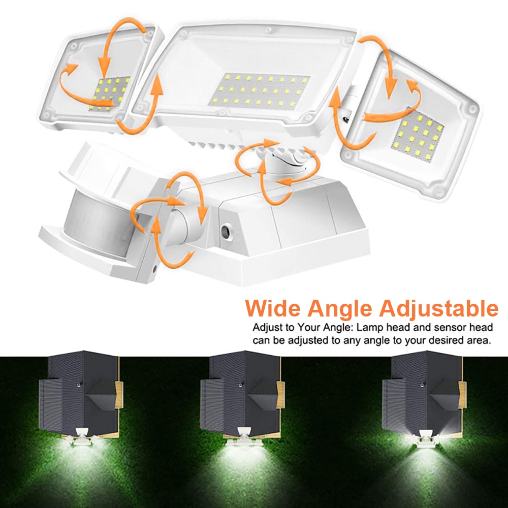 1500LM Super Bright LED Solar Security Light Outdoor Motion Sensor Adjustable Sensor Distance Flood Light with 3 Adjustable Head