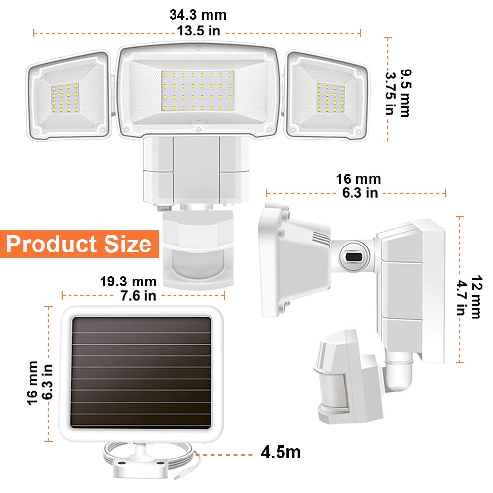 1500LM Super Bright LED Solar Security Light Outdoor Motion Sensor Adjustable Sensor Distance Flood Light with 3 Adjustable Head