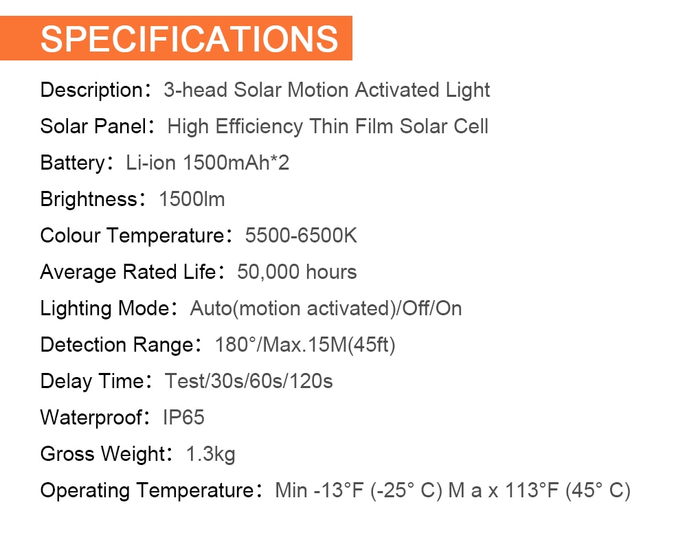 1500LM Super Bright LED Solar Security Light Outdoor Motion Sensor Adjustable Sensor Distance Flood Light with 3 Adjustable Head