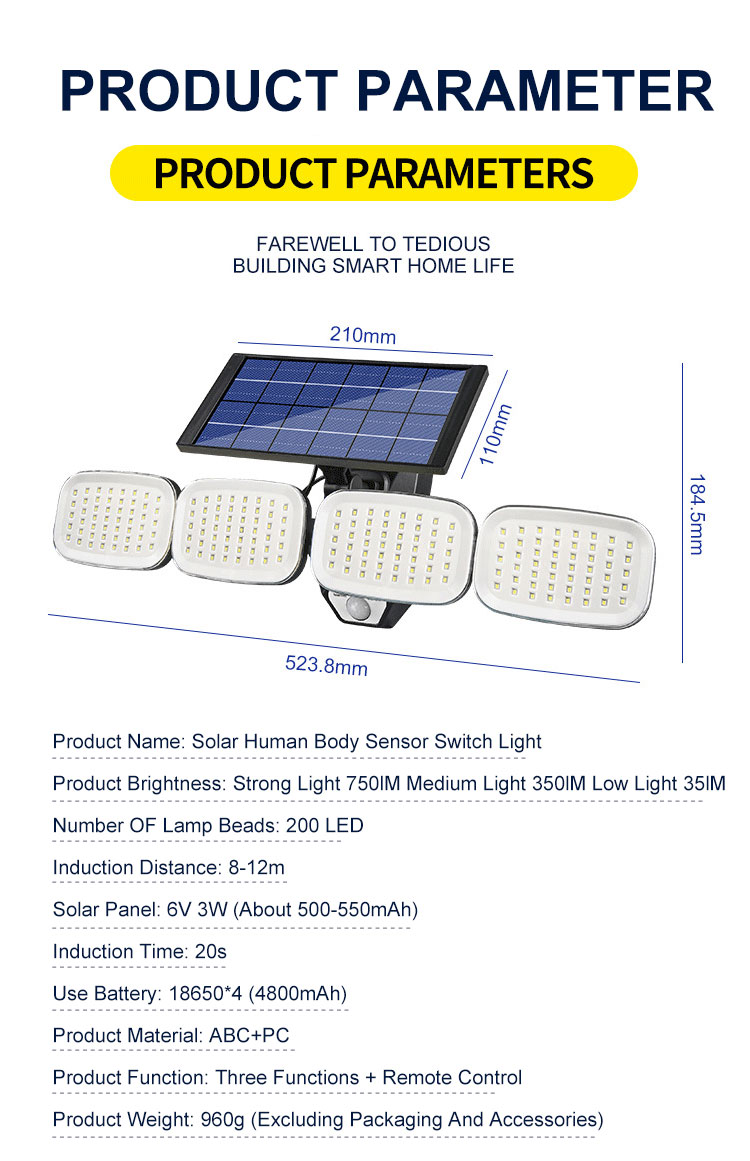240COB Solar Outdoor Light Four Head Wide Angle Lighting Motion Sensor Solar Lamp Waterproof Garden Floodlight Lamp Wall Lamp