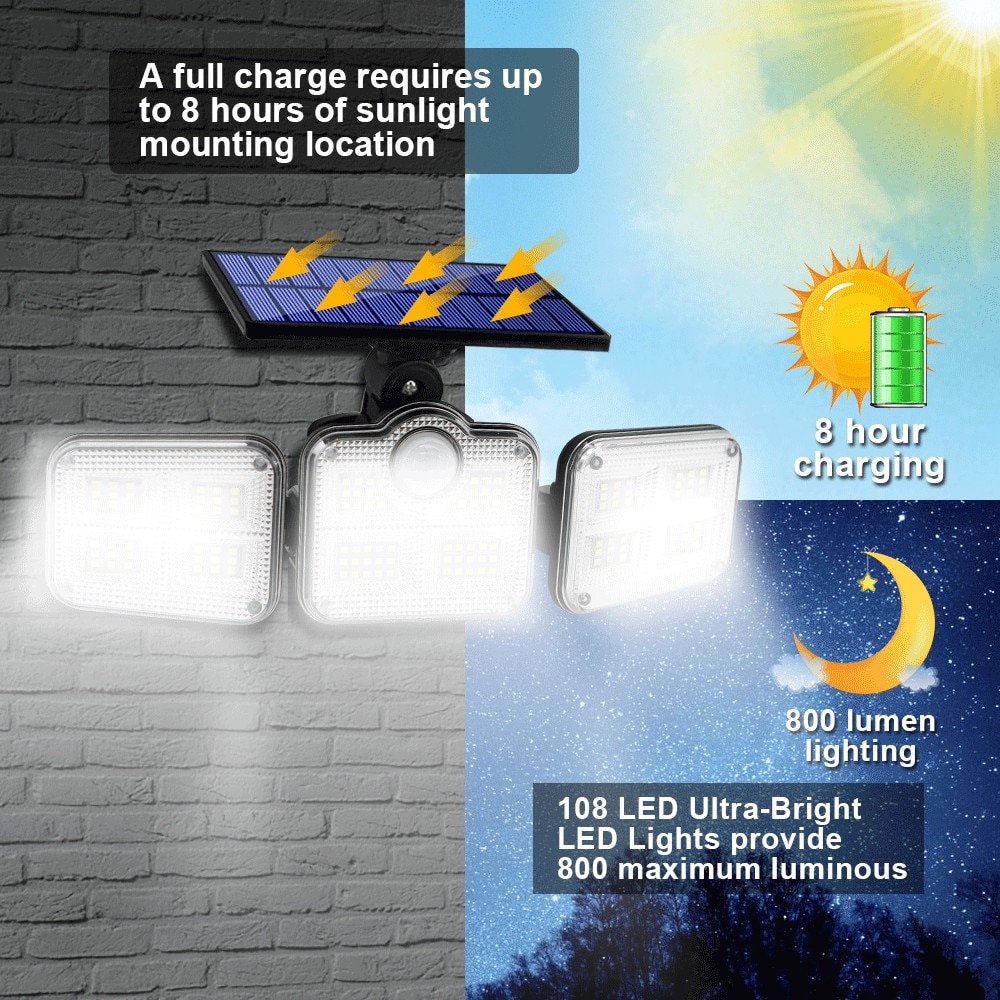 108 122 138 171 LED Solar Lights Outdoor 3 Head Motion Sensor 270 Wide Angle Illumination Waterproof Remote Control Wall Lamp