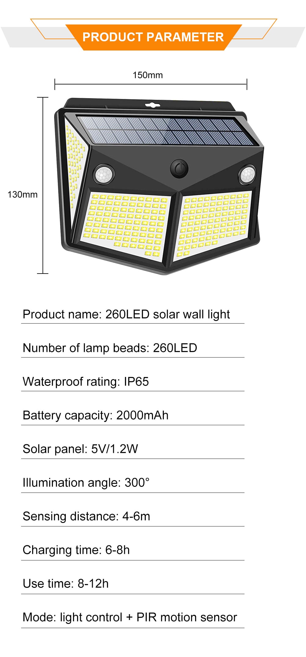 260 LED Super Bright Outdoor Solar Wall Lamp IP65 Waterproof Garden Lights PIR Motion Sensor Night Light For Courtyard Garage