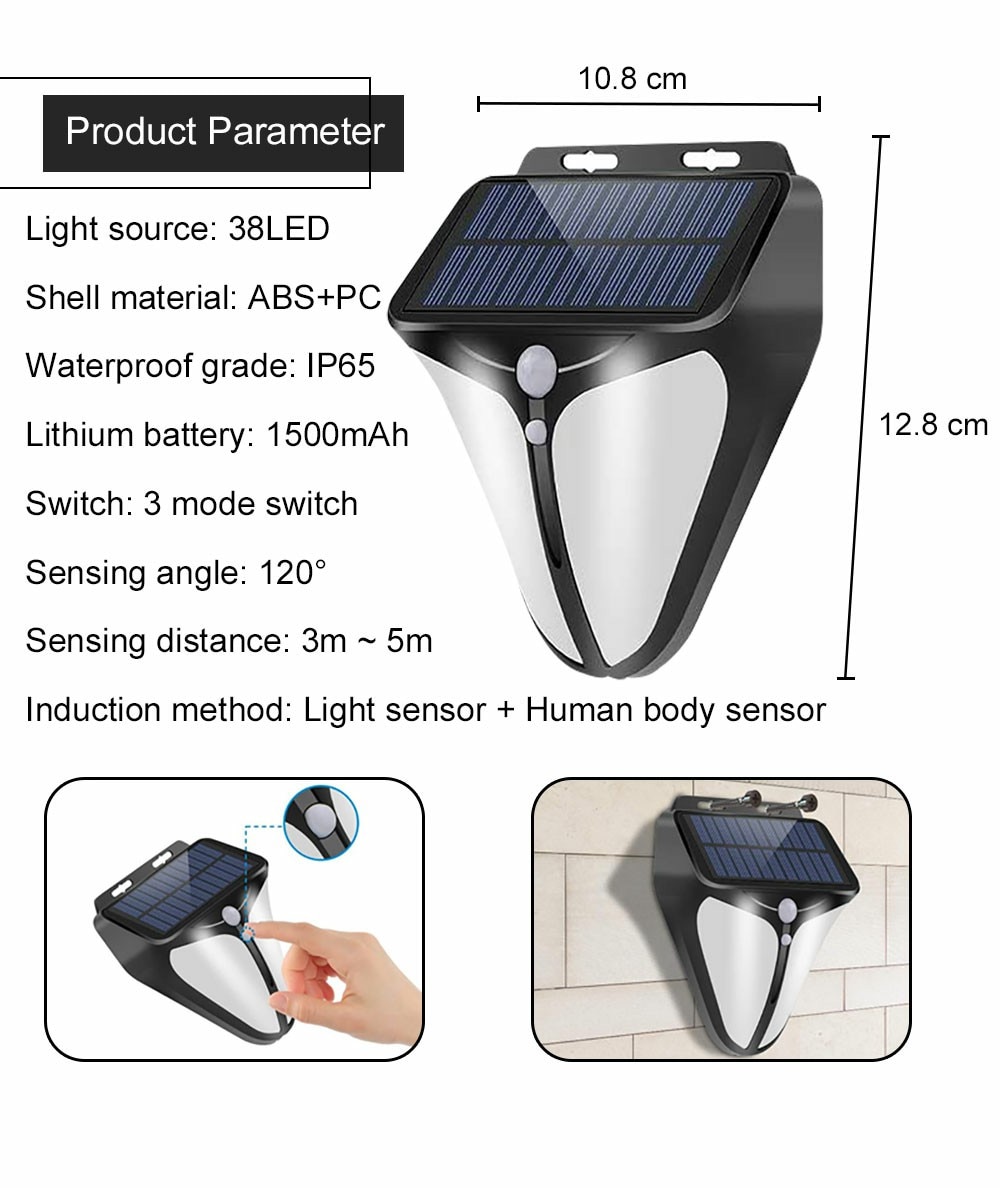 LED Solar Light Outdoor Solar Lamp PIR Motion Sensor Solar Powered Waterproof Sunlight Wall Lights for Garage Garden Decoration