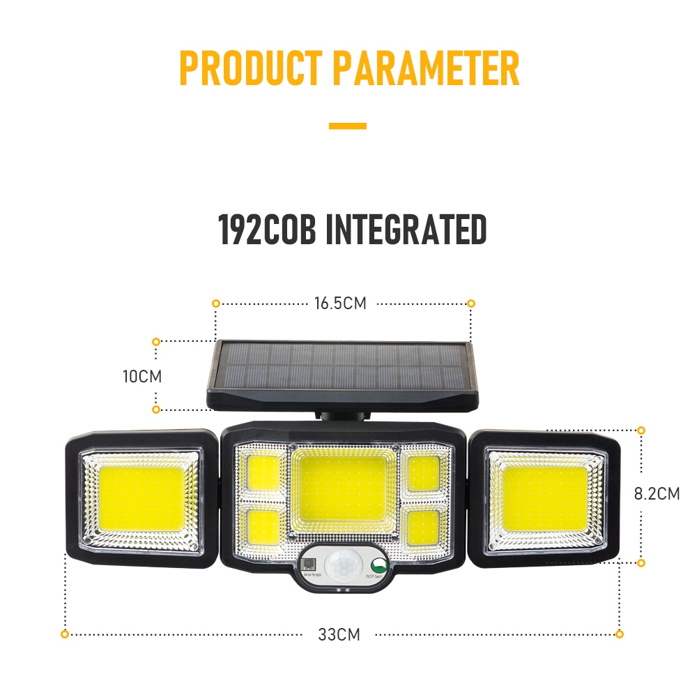 192 LED COB Separation Solar Lights Outdoor 3 Head Motion Sensor Wide Angle Lighting Waterproof Remote Control Solar Wall Lamp