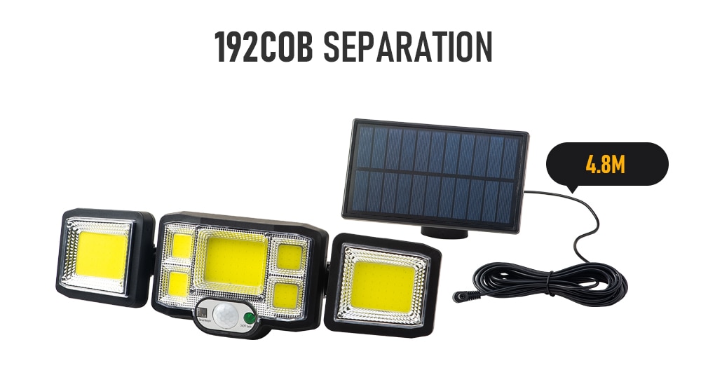 192 LED COB Separation Solar Lights Outdoor 3 Head Motion Sensor Wide Angle Lighting Waterproof Remote Control Solar Wall Lamp