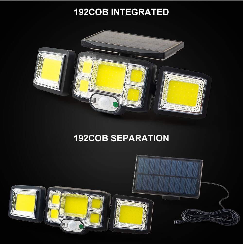 192 LED COB Separation Solar Lights Outdoor 3 Head Motion Sensor Wide Angle Lighting Waterproof Remote Control Solar Wall Lamp