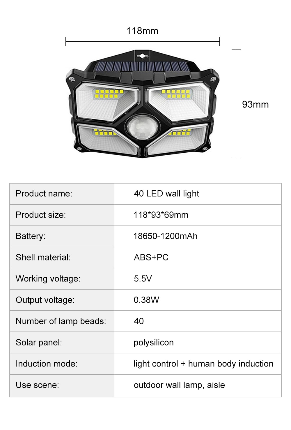 104 LED Outdoor Solar Lamp 3 Modes PIR Motion Sensor Street Garden Lamp IP65 Waterproof Wide Angle Lighting Courtyard Wall Light