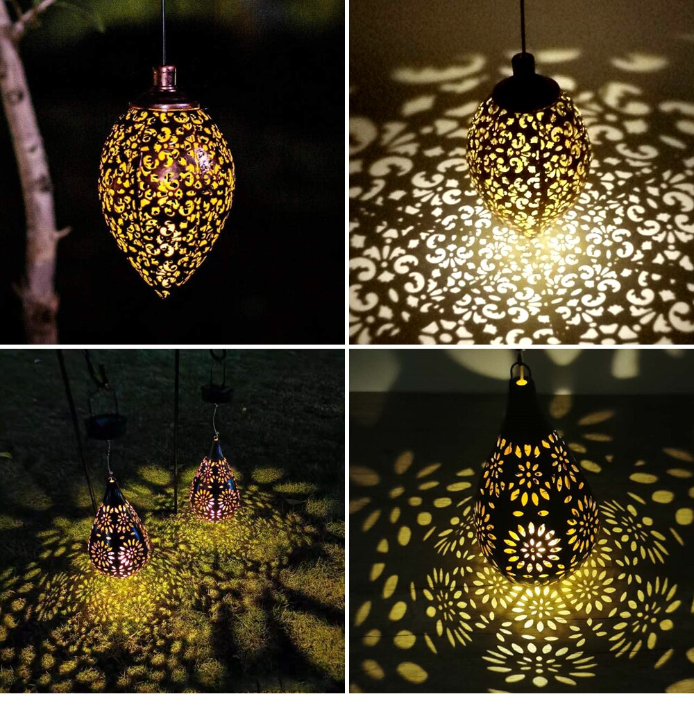 Solar LED Lron Art Hollow Water Drop Light/Olive Lamp Hanging Projector Lamp Solar Light Outdoor Decorative Lamp For Garden Yard
