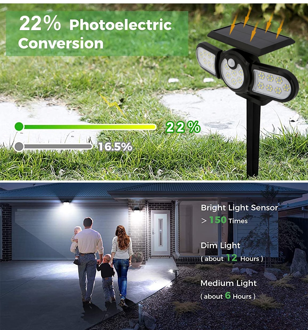 LED Outdoor Solar Lamp Multiple Heads Lighting Lawn Ground Light Motion Sensor Human Induction 3 Modes Spotlights Garden Lights