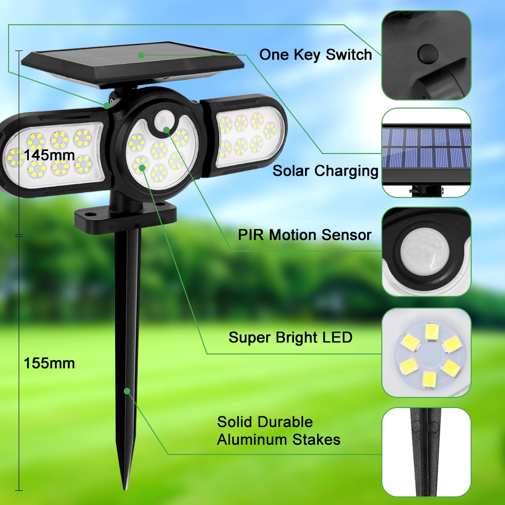 LED Outdoor Solar Lamp Multiple Heads Lighting Lawn Ground Light Motion Sensor Human Induction 3 Modes Spotlights Garden Lights