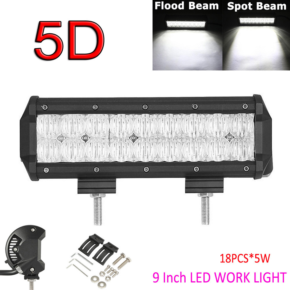 9inch 90W Waterproof IP 68 9000LM 5D Lens LED Light Bar Flood Spot Work Lamp SUV ATV 4WD