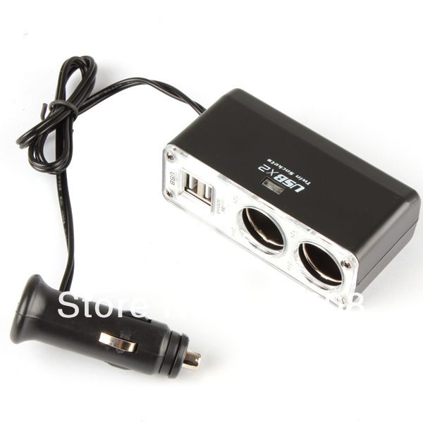 10PCS LOT Wholesale Black Car Cigarette Lighter Sockets Splitter DC 12V 24V With 2 USB Charger Plug Ports