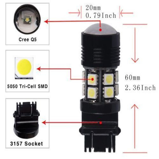 DC 12V 4x 3157 700Lm White 6000K Back Up Reverse Projector 12 SMD Chip LED Lights Bulbs support for SUVs Campers and Trailers