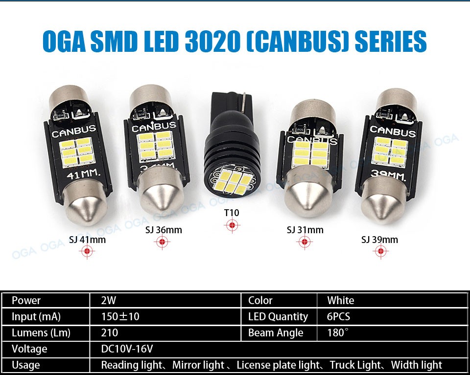 OGA 2PCS Extremely Bright Canbus Error Free 31mm 36mm 39mm 41mm Festoon Dome C5W Car LED Light Bulb