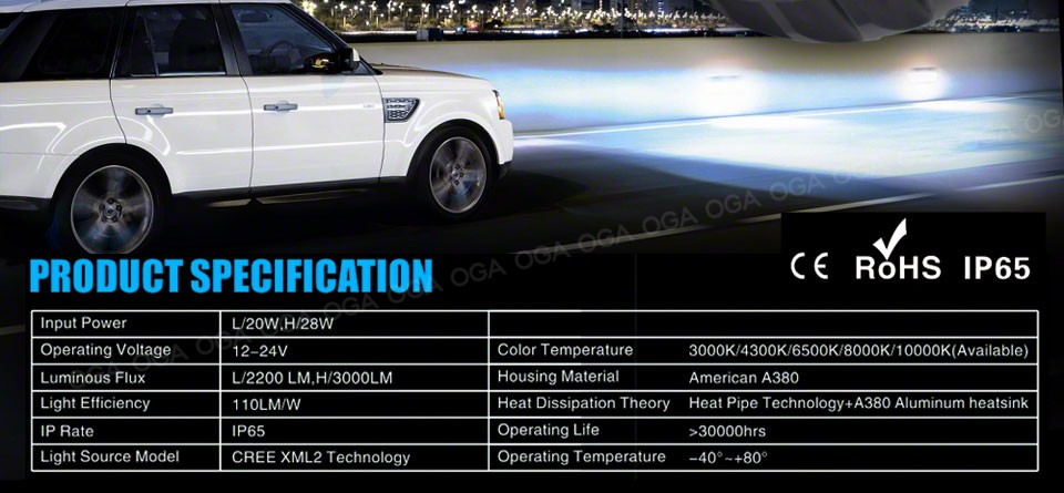 OGA 2PCS H4 HB2 9003 Cree LED chips kit Car Fog Bulb White Automobiles Lamps Conversion Kit Auto 3000K 4300K 6500 8000K 10000K